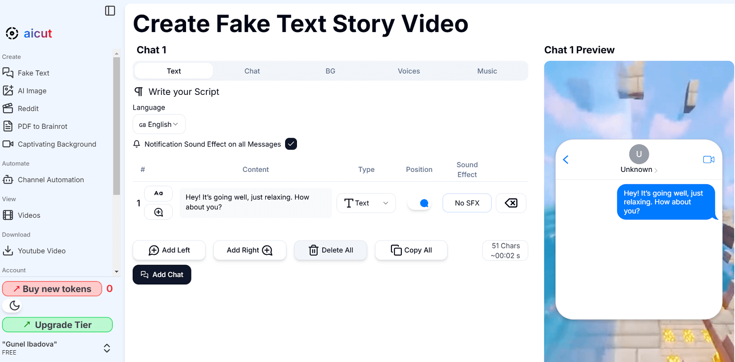 aicut creating fake text story video