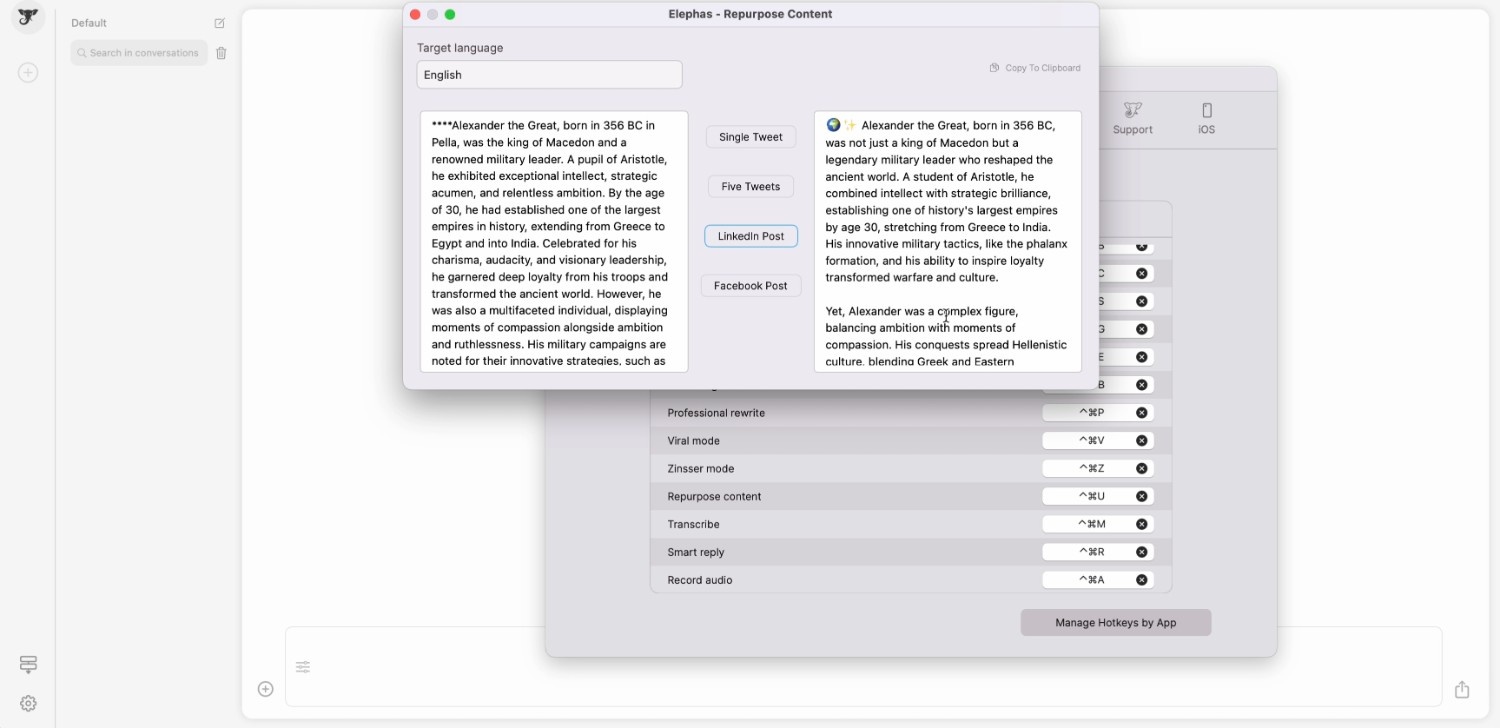 Elephas using hotkeys