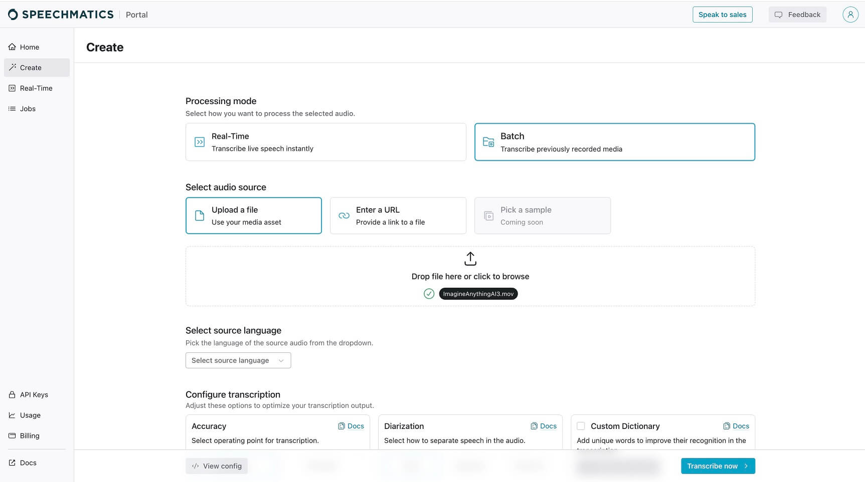 Speechmatics dashboard